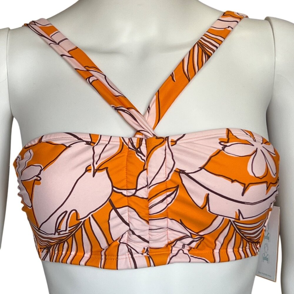 Kona Sol Orange & Pink Floral Multi-Way Bikini Top Nylon/Spandex Size Small NWT